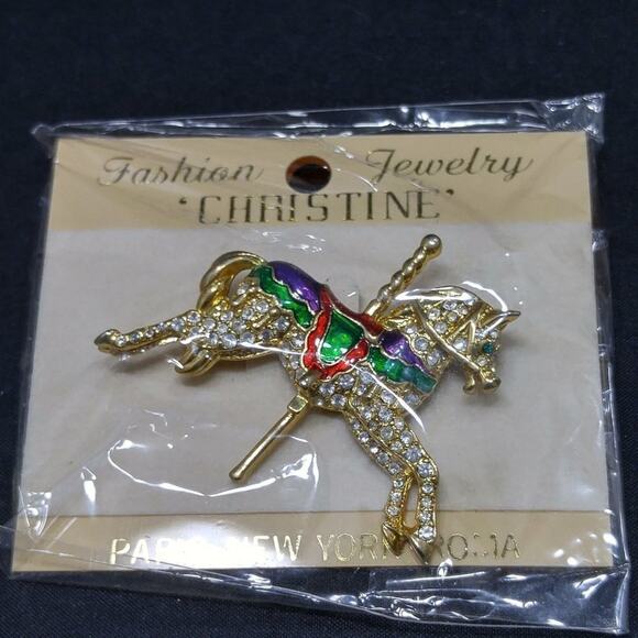 Vintage Carousel Horse Rhinestone Brooch, Red Green Enamel, Taiwan, 2 Inches - Picture 6 of 10